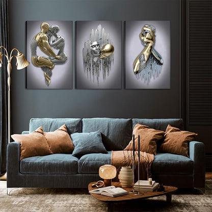 Modern Bedroom Wall Art Set of 3-3D Metal Effect Couple Canvas Paintings Wall Decor, Abstract Figure Statue Art Prints for Living Room Home Decor - 12x16in Framed