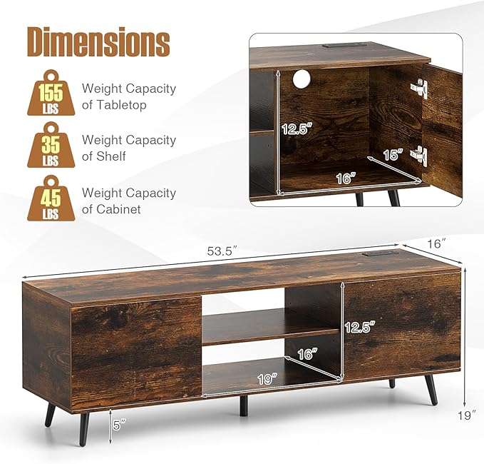 Tangkula TV Stand for 60" TVs, Entertain Center w/Power Outlets, Mid Century Modern Media Console Table w/Adjustable Shelf, 2 Cabinets & Metal Support Legs for Living Room Bedroom (Rustic Brown)