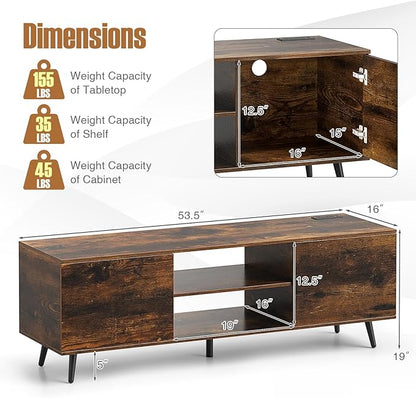 Tangkula TV Stand for 60" TVs, Entertain Center w/Power Outlets, Mid Century Modern Media Console Table w/Adjustable Shelf, 2 Cabinets & Metal Support Legs for Living Room Bedroom (Rustic Brown)
