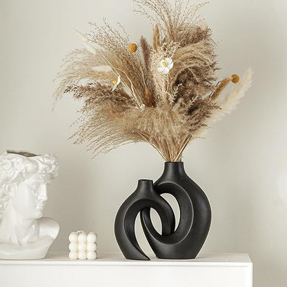 Lvases Snuggle Hollow Modern Ceramic Vase Set of 2, Mid Century Nordic Aesthetic Decorative Vase Decorative Vases for Home Table Decor (Matte Black W 6.3" X H 8.4")