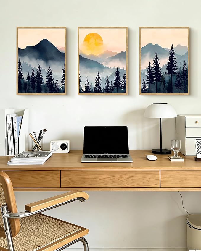 PHOPAGO Blue Fog Pine Tree Mountain Landscape Framed Wall Art Retro Watercolor Nature Misty Forest Artwork Paints Sun Rise Rustic Farmhouse Home Decor - 12x16in Natural Framed