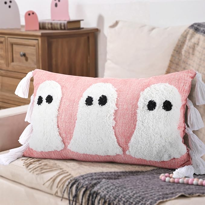 Yuntau Halloween Ghost Throw Pillows Cover Decorative Pink Ghost Shaped Pillowcase Embroidery Cushion Cover Cute Halloween Decorations for Home Bedroom Bed Sofa Living Room Outdoor Party Decor