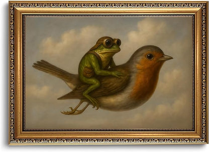WZGZXU Gold Framed Wall Art Vintage Pictures Wall Decor Frog Riding Bird Canvas Art Funny Paintings Animal Prints Antique Artwork For Living Room Bedroom 24x36in