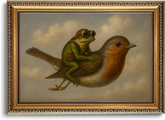 WZGZXU Gold Framed Wall Art Vintage Pictures Wall Decor Frog Riding Bird Canvas Art Funny Paintings Animal Prints Antique Artwork For Living Room Bedroom 24x36in