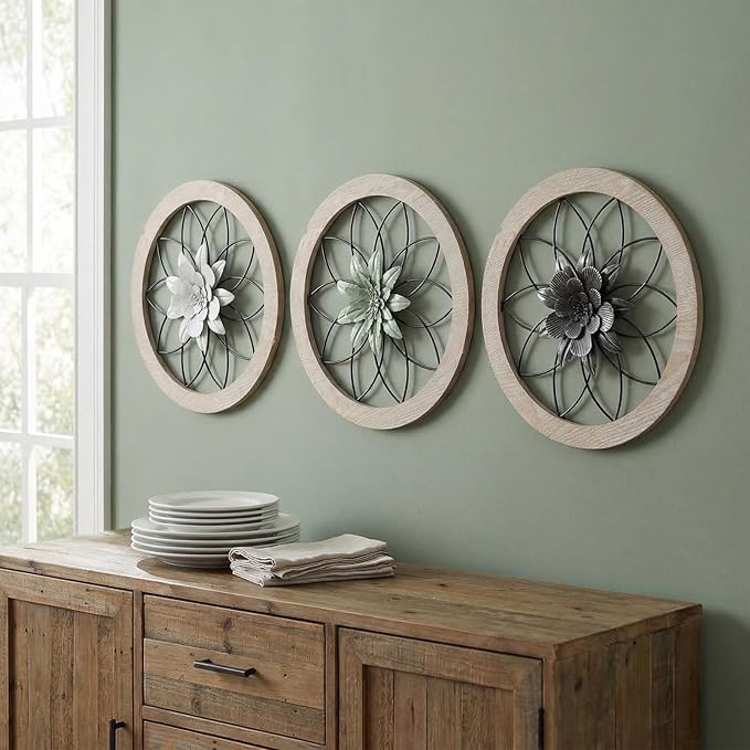 AIM & GGKK 3 Piece Round Farmhouse Wall Decor Set with Interchangeable Metal Flower, 12 Inch Rustic Wall Art for Living Room, Kitchen, Dining Room, Bedroom Modern Farmhouse Style