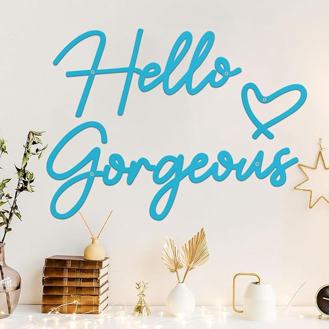Hello Gorgeous Metal Wall Art Decor Black Modern Hello Gorgeous Signs Farmhouse Metal Wall Art Hanging Decoration for Home Bathroom Living Room Bedroom Office Hotel Wall Decoration (Blue)
