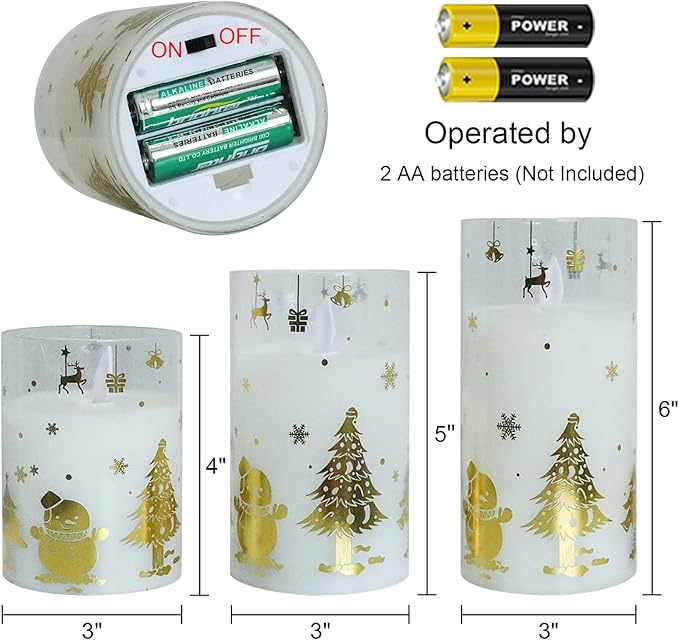 Christmas Battery Operated Flameless Candles Flickering Remote and Timer Glass LED Pillar Candles Moving Wick Real Wax Gold Snowman Christmas Tree Decals Holiday Decor D3 x H4, 5", 6"