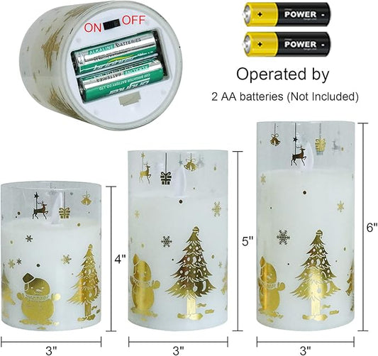 Christmas Battery Operated Flameless Candles Flickering Remote and Timer Glass LED Pillar Candles Moving Wick Real Wax Gold Snowman Christmas Tree Decals Holiday Decor D3 x H4, 5", 6"