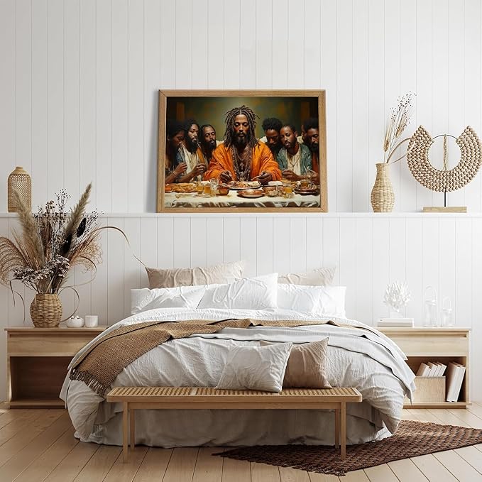 Framed Modern Black Jesus Canvas Wall Art African American The Last Supper Painting Picture Wall Decor Black Man Christian Poster Print Artwork for Kitchen Dining Living Room Bedroom Home Decor24x36in