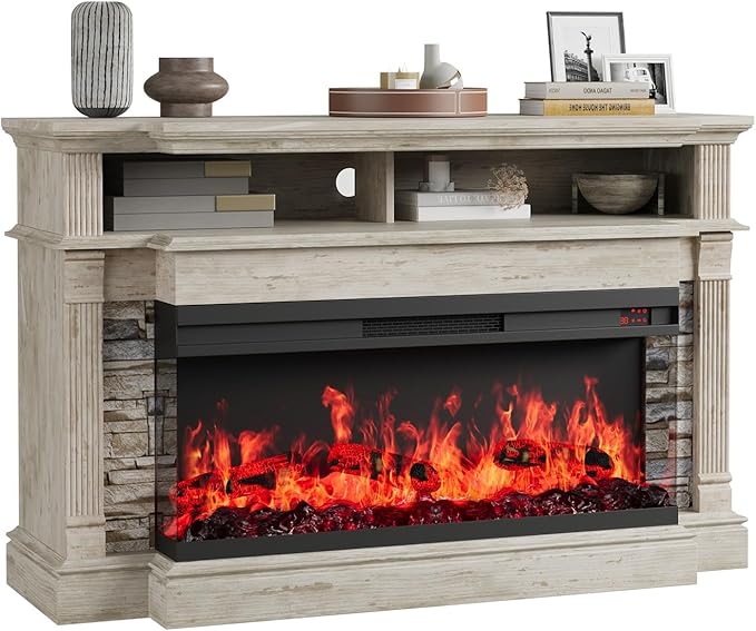 QUW Fireplace TV Stand for TVs up to 65", Farmhouse 52"Fireplace Entertainment Center with 36" 3-Side Glass Electric Fireplace, TV Console with Open Storage Shelves for Living Room, Antique Brush Grey