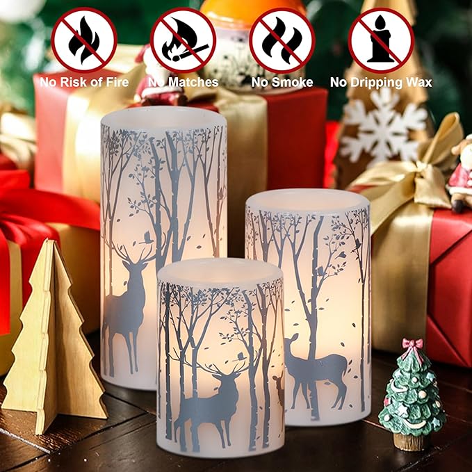 Silver Deer Flameless Flickering Candles Battery Operated with 6H Timer, 3 Pack Real Wax Warm Light LED Pillar Candles Dinner Tabletop Holiday Centerpiece Decor 3" x 6"