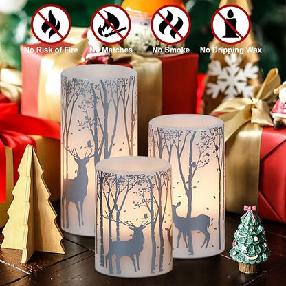 Silver Deer Flameless Flickering Candles Battery Operated with 6H Timer, 3 Pack Real Wax Warm Light LED Pillar Candles Dinner Tabletop Holiday Centerpiece Decor 3" x 6"