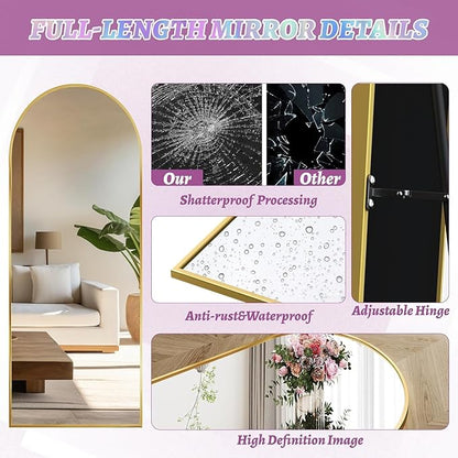 71"×28" Arched Full Length Floor Mirror, Standing Mirror with Aluminum Frame, Large Body Mirror of Free Standing/Wall Mount/Leaning for Bedroom, Living Room, Dressing Room, Gold
