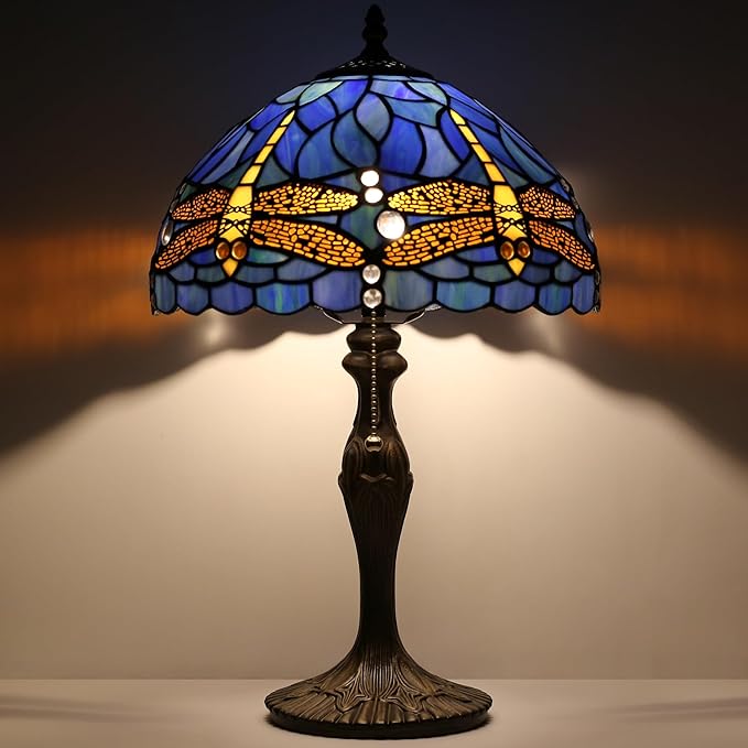 Tiffany Lamp Stained Glass Table Lamp 12 x 19” Bedside Reading Lamp Blue Dragonfly Style Decorative Lamp for Desk Living Room Bedroom Office Study Light Decor Gift