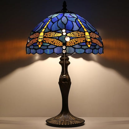 Tiffany Lamp Stained Glass Table Lamp 12 x 19” Bedside Reading Lamp Blue Dragonfly Style Decorative Lamp for Desk Living Room Bedroom Office Study Light Decor Gift