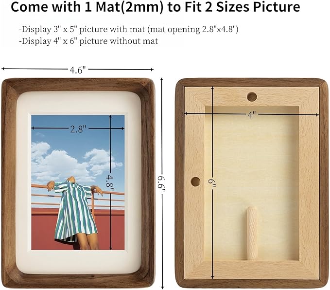 FLECHAZO 4x6 Picture Frame Wood with 3x5 Mat, Natural Solid Walnut Wooden 4 by 6 Photo Frames for Tabletop or Wall Mounting Display