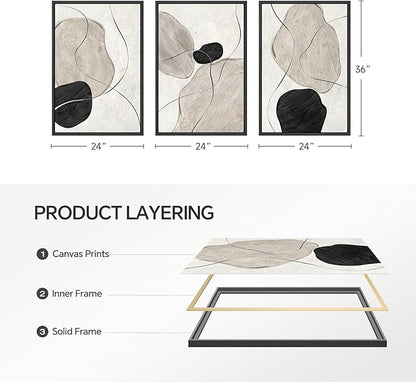 Framed Black and White Abstract Wall Art for Living Room, Large 3 Piece Neutral Minimalist Canvas Artworks, Modern Painting Prints for Dining Room Hallway Home Office Wall Decor, 24x36 In