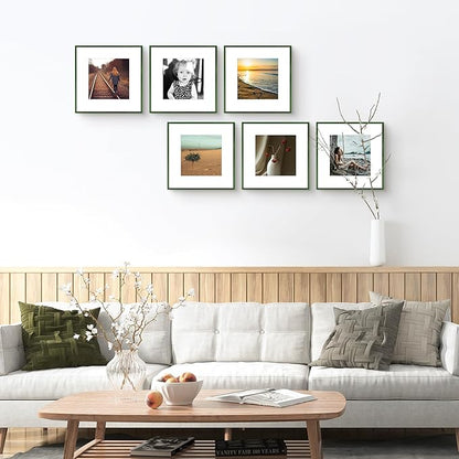 Golden State Art 12x12 Picture Frame 6 Pack - Dark Green Aluminum Photo Frames With 8x8 Mats and Real Glass Cover - Elegant Minimalist Wall Gallery Frames for Home or Office Decor