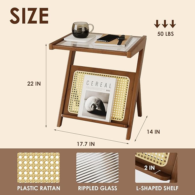Bamworld Rattan Side Table Boho NightStand Mid Century Modern End Table Glass Bedside Table Small End Tables Bamboo Coffee Table with Storage Record Player Stand for Living Room Bedroom