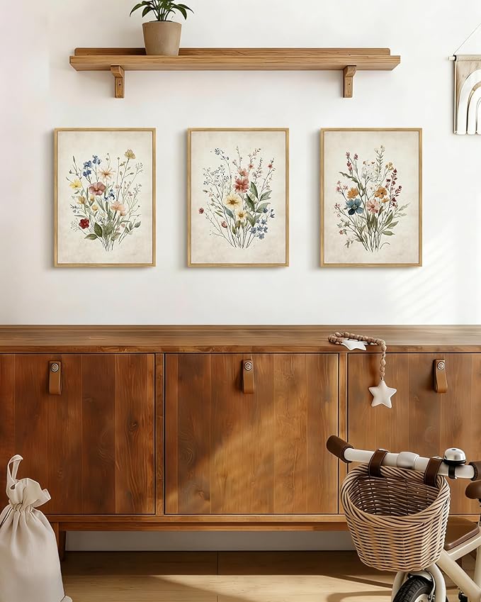 Drsoum Vintage Flower Bouquet Framed Retro Wildflower Botanical Pictures Prints Modern Colorful Floral Rustic Artwork Bedroom Living Room Ready to Hang 11x14in Natural Framed