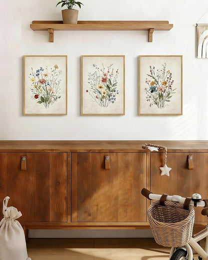 Drsoum Vintage Flower Bouquet Framed Retro Wildflower Botanical Pictures Prints Modern Colorful Floral Rustic Artwork Bedroom Living Room Ready to Hang 11x14in Natural Framed