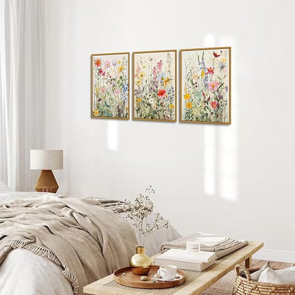 KISSFOX 3 Piece Watercolor Wildflower Botanical Framed Wall Art Colorful Floral Canvas Art Prints Boho Flower Pictures Wall Decor Modern Minimalism Paintings Artwork Girls Bedroom Living Room Bathroom