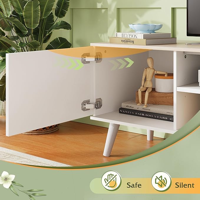 WLIVE Mid-Century Modern TV Stand for 65 70 Inch TV, Entertainment Center with Storage, Adjustable Shelves & Soft-Close, Media TV Console for Living Room/Bedroom, Greige White