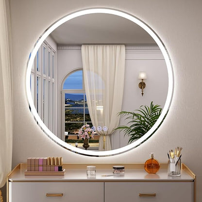 BEAUTYPEAK 24x24 LED Round Bathroom Mirror with Lights, Anti-Fog, Dimmable, Backlit + Front Lit, Lighted Bathroom Vanity Mirror for Wall, 3 Colors, Memory Function, Tempered Glass, Shatter-Proof