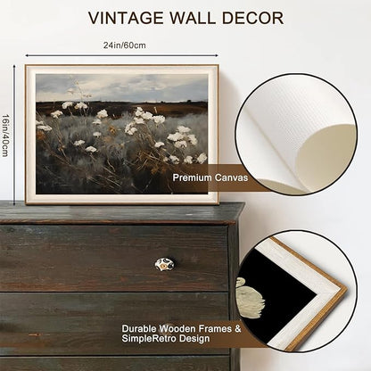 Framed Wall Art for Bedroom Decor, Vintage Wildflower Painting Canvas Art Prints, Moody Dark Autumn Flower Wall Aesthetic, Farmhouse Decor Wall Art Floral Pictures for Bathroom Decoration - 16x24Inch