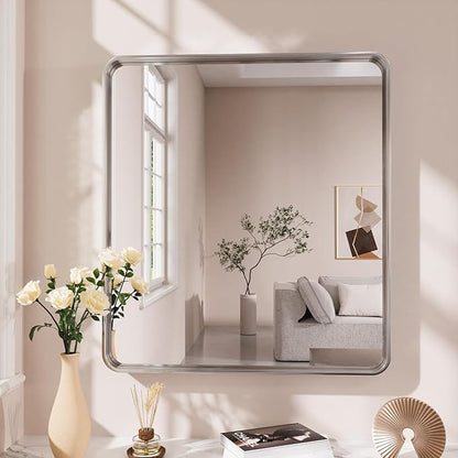 JISOSO Brushed Nickel Bathroom Mirror 38x38 Inch, Brushed Silver Metal Frame Mirror Wall Mounted, Rounded Bathroom Vanity Mirror, Tempered Glass, Anti-Rust, Horizontal/Vertical