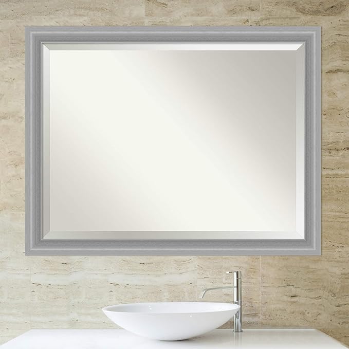 Amanti Art Silver Bathroom Mirror for Over Sink, 35x45 Peak Polished Nickel Narrow Rectangle Vanity Mirror, X-Large Traditional Frame, Hangs Horizonally and Vertically, Bathroom Wall Decor, Beveled