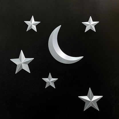 MidModArt 6PCS Mid Century Modern 3D Star Wall Art Gold Retro Starburst Sculptures Vintage Celestial Home Decor, Silver Moon