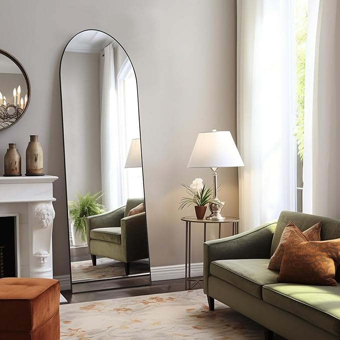 Arched Mirror Full Length, Upgraded 21"x64" Body Wall Mirrors with Shatter-Proof Glass, Floor Standing, Hanging or Leaning, Tall Arch Mirror with Stand Aluminum Alloy Frame for Bedroom, Black