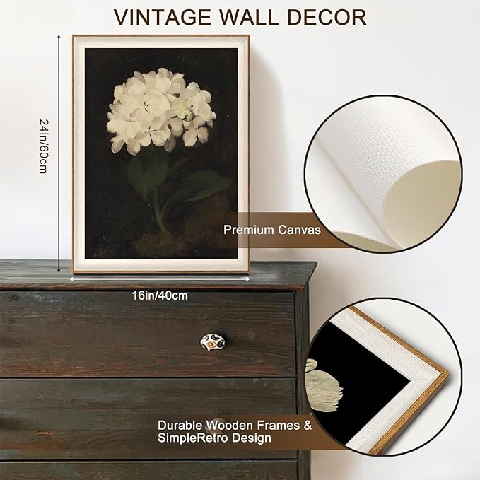 Framed Flower Wall Art, Vintage White Hydrangea Still Life Floral Art Prints, Moody Vintage Canvas Oil Painting, Antique Botanical Floral Wall Decor Pictures for Bedroom, Kitchen, Shelf, Bathroom Wall Decor - 16x24Inch