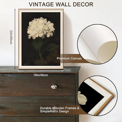 Framed Flower Wall Art, Vintage White Hydrangea Still Life Floral Art Prints, Moody Vintage Canvas Oil Painting, Antique Botanical Floral Wall Decor Pictures for Bedroom, Kitchen, Shelf, Bathroom Wall Decor - 16x24Inch