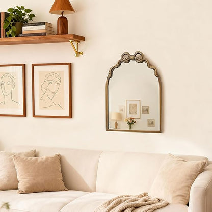 Gold Bow Mirror Vintage Wall Arched Mirror 13x17 Antique Ornate Baroque Mirror Decor with Metal Frame for Entryway Living Room Bedroom Nursery Hallway Fireplace
