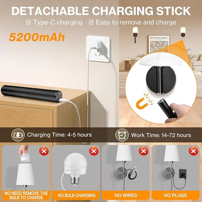 Battery Operated Wall Sconce Set of 2, 5200mAh RGB Wireless Wall Lights with Detachable Charging Stick & Dimmable Bulbs, 12 Colors Rechargeable Wall Lamps for Bedroom Living Room Hallway Decor, Black