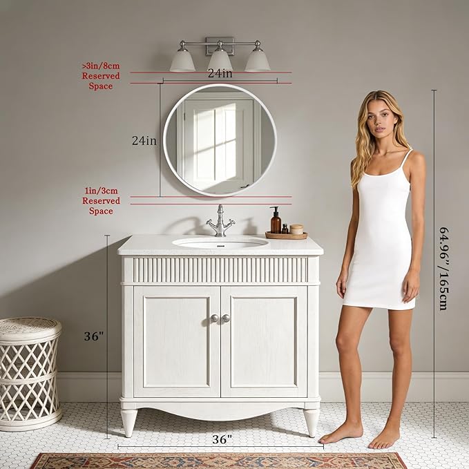 WallBeyond Round Wood Mirror 24 inch Circle Wall Mirror for Bathroom Round Wall Mirror for Wall Decor, Vanity, Entryway Living Room (White)
