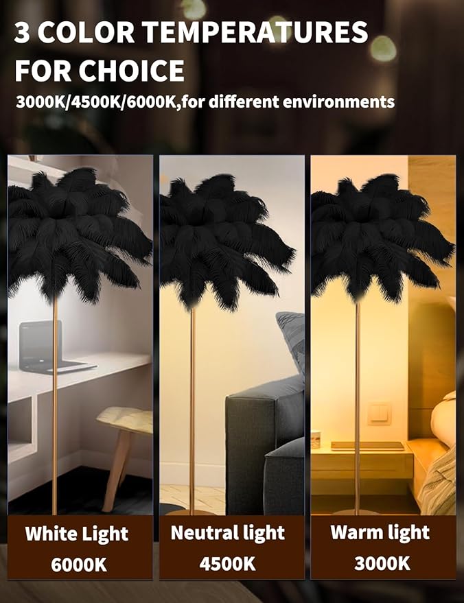 Feather Floor Lamp,Fluffy Ostrich Feather Floor Lamp for Bedroom,3 Color Temperatures Led Corner Modern Floor Lamps for Living Room Christmas Home Decor House Warming Gifts,63″ Height (Black)