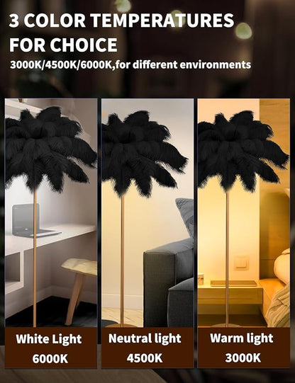 Feather Floor Lamp,Fluffy Ostrich Feather Floor Lamp for Bedroom,3 Color Temperatures Led Corner Modern Floor Lamps for Living Room Christmas Home Decor House Warming Gifts,63″ Height (Black)