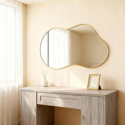 Itrue 20x36 Inch Gold Framed Irregular Tempered Glass Wall Mirror, Asymmetrical Vanity Mirror for Bathroom, Bedroom, Entryway