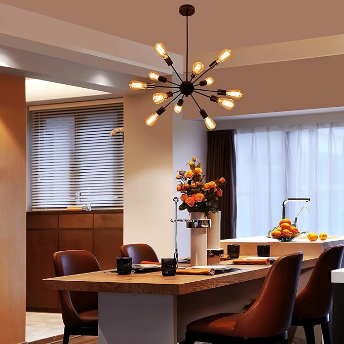LIGHTDAMY Sputnik Chandeliers Black, Modern 12-Light Farmhouse Pendant Light Mid Century Lighting Vintage Industrial Ceiling Hanging for Living Dining Room, Bedroom, Kitchen Island, Foyer