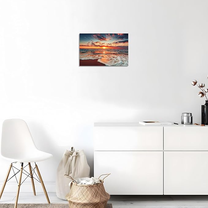 TutuBeer 1 Panel Picture of the Beach Ocean Pictures Blue Sea Beach at Sunrise Art Print on Canvas Sea Wall Decor Ocean Wall Art Seascape Canvas Stretched and Framed 20" x 30"