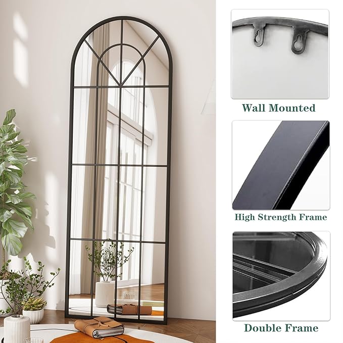 22"x 65" Arched Full Length Window Wall Mirror, Metal Framed, Arched-Top, Farmhouse Rustic Decorative Windowpane Mirror - Black