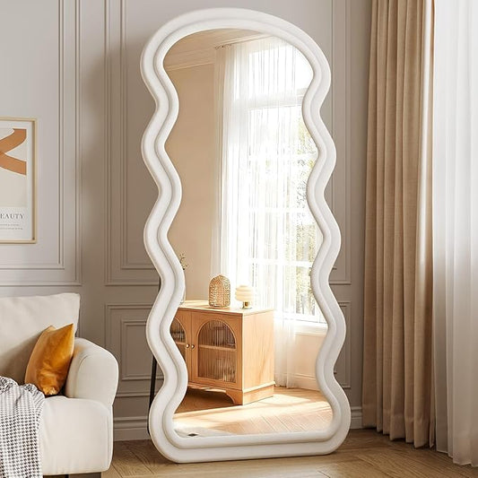 Wavy Full Length Mirror, 71"x32" Flannel Mirrors Full Length with Stand, Full Boby Mirrors for Bedroom, Living Room, Cloakroom, Hanging Leaning Wall Mirror, White