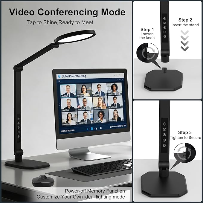 NS LED Desk Lamp for Home Office, LED Desk Light for Video Calls, Adjustable 3000K-6500K Office Lamp with Remote Control, Timer, Memory, CRI95+, Dimmable Desktop Lamp
