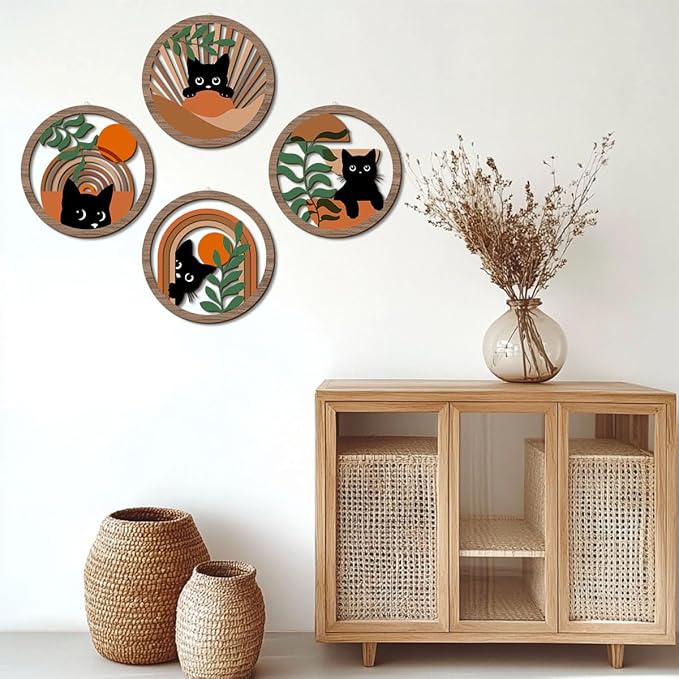 4PCs 3D Boho Cat Hanging Wooden Wall Art Wall Decor, Botanical Wall Decor Bohemian Decor, Cat Lover Gifts, Wooden Sign Wood Art Wood Plaque Home Decor for Living Room Bedroom Farmhouse Office
