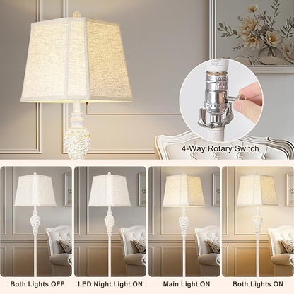 LuxSight Collection Floor Lamp for Living Room, Vintage Standing Lamp with Nightlight, 65" Tall Lamp with White Linen Shade, Farmhouse Rustic Floor Lamp for Bedroom, Office, Corner (LED Bulb Included)