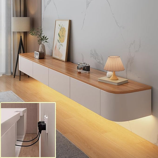 Floating TV Stand Large Floating TV Shelves Wall Mounted Multi Storage Compartment TV Media Console Floating TV Cabinet Bench Under TV Large Storage (White-brown With Led, 102.4 * 7.9 * 9.4 IN)