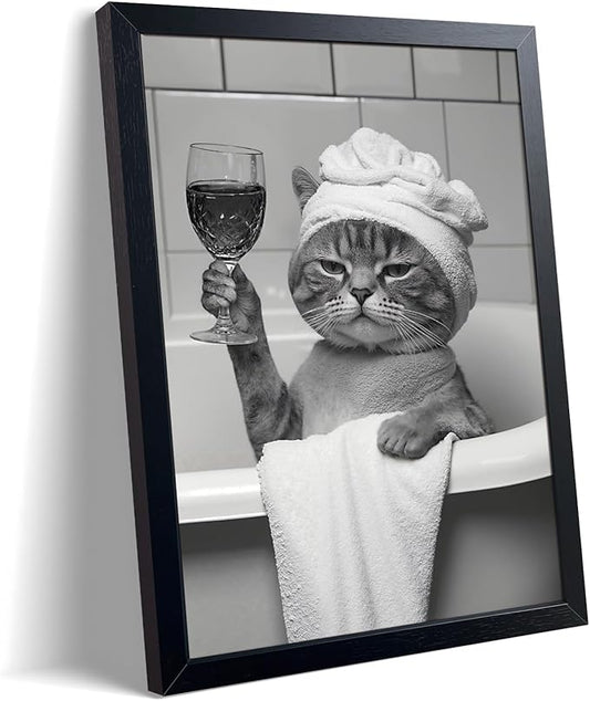 ARKZSHO Funny Black Cat Bathroom Wall Decor Black and White Wall Art Canvas Print Modern Farmhouse Restroom Home Decoration (Framed 16''x24'')